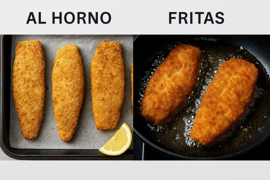 Milanesas de merluza con una cocción al horno y otra fritas